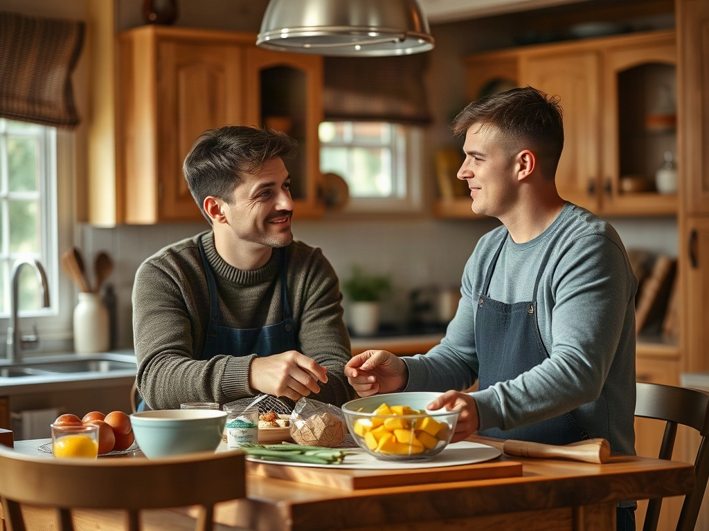Два молодых человека готовят еду на кухне, окруженные фруктами и ингредиентами для блюда.